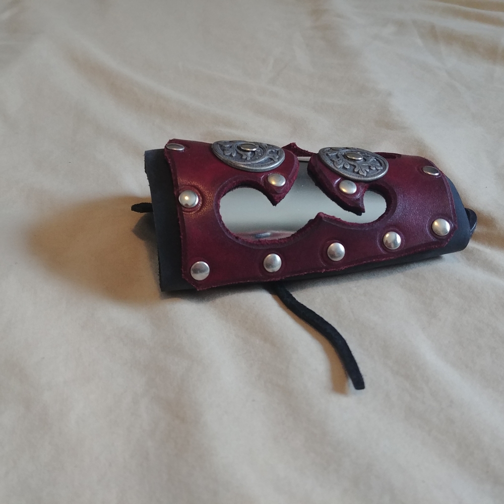 Burgundy Leather Wrist Cuff with Silver Accents